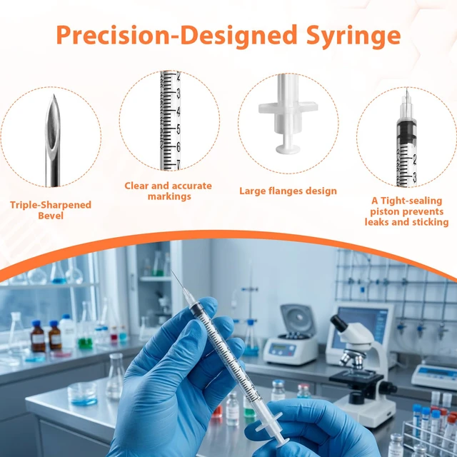 Alt view image 3 of 7 - 100 Pack Syringes with Needle, U-100 1ml 30G 5/16" 8mm Syringe Individually Sealed, High-Quality, Leak-Resistant, Visible Scales