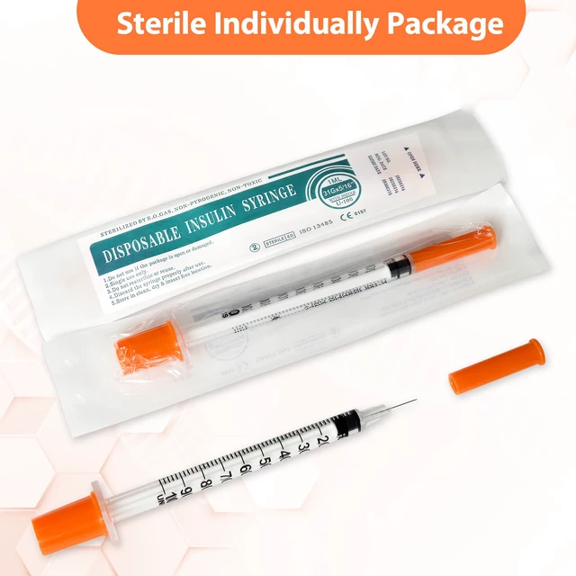 Alt view image 4 of 7 - 100 Pack Syringes with Needle, U-100 1ml 31G 5/16" 8mm Syringe Individually Sealed, High-Quality, Leak-Resistant, Visible Scales
