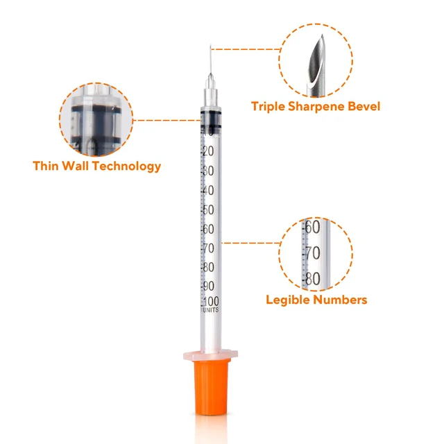 Alt view image 3 of 7 - U-100 Syringes, 31G 5/16" (8mm) 1ml/cc Disposable Syringe, 100PACK Individual Wrapped