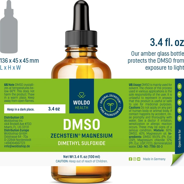 Alt view image 5 of 7 - DMSO 60% with Zechstein Magnesium 40% - Dimethyl Sulfoxide Liquid Blend, Pharmaceutical Grade, 100 ml Glass Bottle with Precision Dropper, 3.38 fl oz