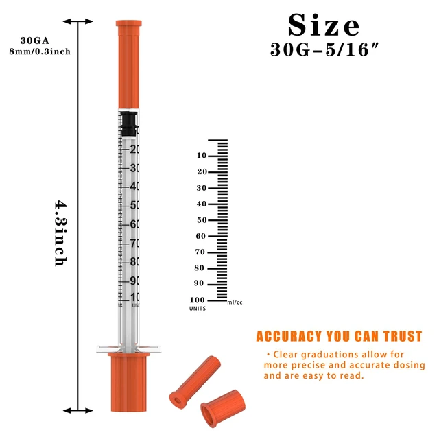 Alt view image 2 of 5 - U-100 Disposable Syringes with Needle 1ml/cc, 30G 5/16" (8mm), Individually Wrapped,100Pack