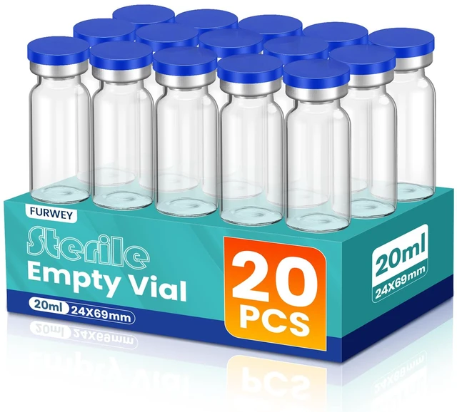 Main image of 20ML Sterile Vials, Glass Empty Vials for Injection, 20 Pack Sterile Vials with Self Healing Injection Port and Sealing Cap, Glass Sterile Vials for Injections