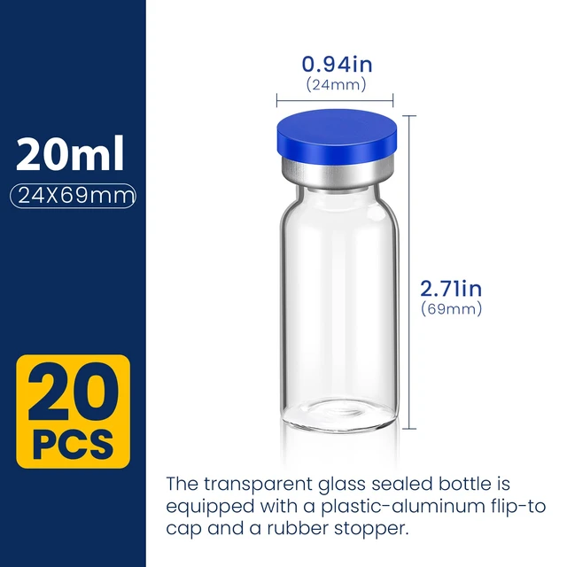 Alt view image 2 of 6 - 20ML Sterile Vials, Glass Empty Vials for Injection, 20 Pack Sterile Vials with Self Healing Injection Port and Sealing Cap, Glass Sterile Vials for Injections