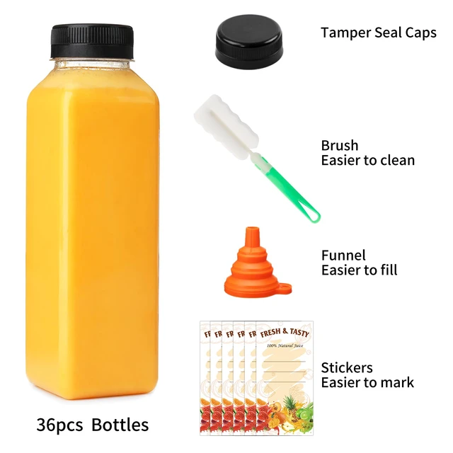 Alt view image 3 of 6 - 16oz Plastic Juice Bottles with Caps, 36pcs Clear Juice Containers Reusable Clear Bulk Beverage Containers for Juice, Milk and Other Beverages, Leak Proof