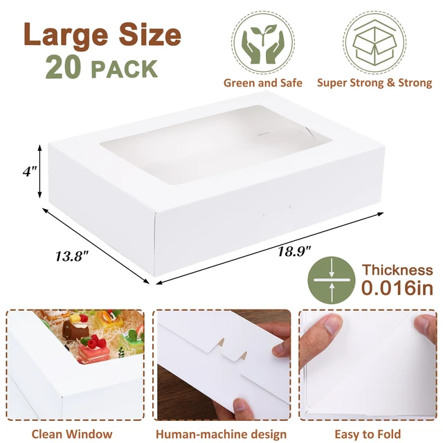 Alt view image 2 of 7 - 20pcs 19x14x4in Large Half Sheet Cake Boxes with Window,Auto-Popup No Folding Required, No Cake Board, White Cookie Boxes for Pastry Baking Cake Donuts Cupcake Pie Packaging