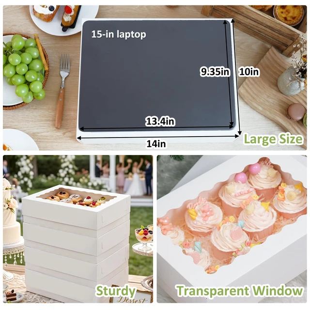 Alt view image 4 of 7 - 40pcs 14x10x4in Quarter Sheet Cake Boxes, Bakery Boxes with Window Rectangular Bakery Boxes with Window for Cake, Pastry, Donuts, Cookie, Cupcake & Pie Packaging