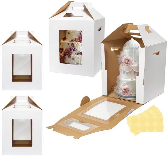 Main image of 4 Pack 2 Sizes Tall Cake Boxes for Tier Cakes 10x10x12 & 12x12x14 Large Tierd Bakery Take Out Transport Container with Window, Disposable Layer Baking Carrier for Wedding, Birthday, Party