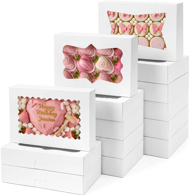Main image of 48pcs Cookie Boxes with 3 Style Window, 12x8x2.5In Bakery Boxes Auto-Popup Food-grade White Treat Boxes, Dessert Boxes for Chocolate Covered Strawberries, Desserts and Cookies