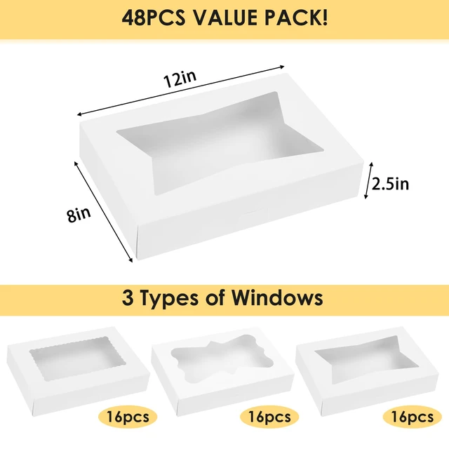 Alt view image 2 of 7 - 48pcs Cookie Boxes with 3 Style Window, 12x8x2.5In Bakery Boxes Auto-Popup Food-grade White Treat Boxes, Dessert Boxes for Chocolate Covered Strawberries, Desserts and Cookies