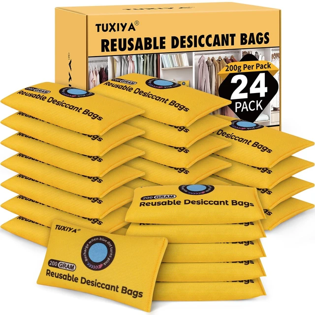 Main image of 24Pack 200g Each Rechargeable Silica Gel Desiccant Packets Color Indicating Desiccant Packs for Storage,Moisture Absorbers for Storage Bins, Suitcase, Safes, 3D Filaments, Wet Zones