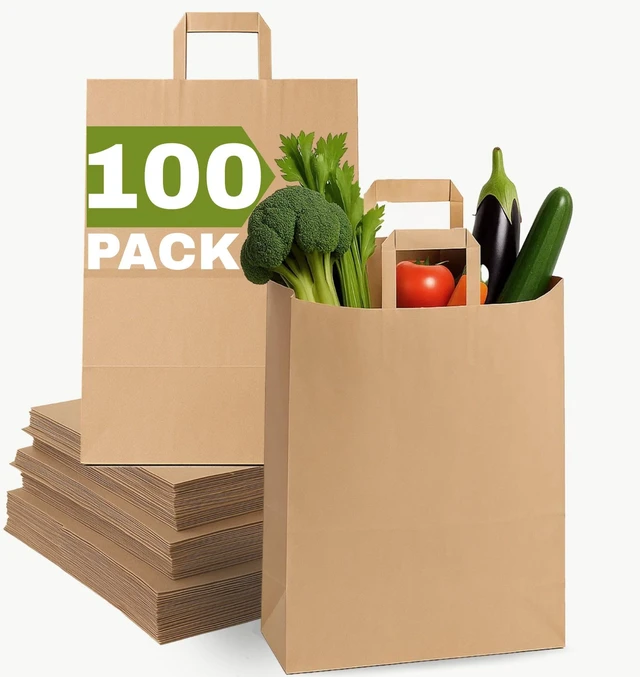 Main image of 12x7x17 Large Brown Paper Grocery Bags, 100pcs Large Brown Paper Bags with Handles Bulk for Take Out, Restaurant, To Go, Retail, Shopping