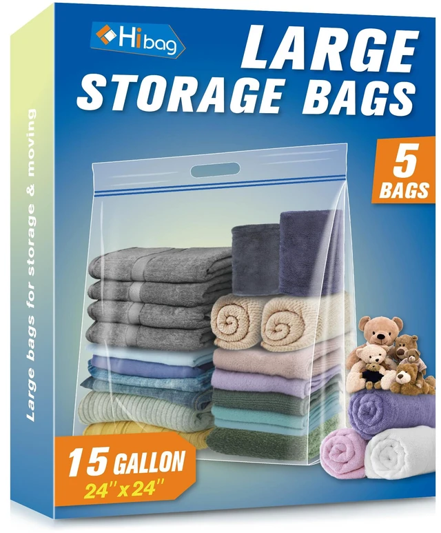 Main image of 15 Gallon Large Storage Bags, 24 x 24 Resealable Clear Bags with Handle, Extra Large XL Heavy Duty for Clothes Pillow Travel Moving, Pack of 5