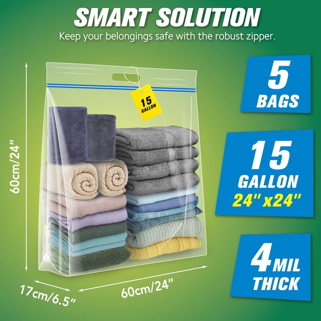 Alt view image 2 of 7 - 15 Gallon Large Storage Bags, 24 x 24 Resealable Clear Bags with Handle, Extra Large XL Heavy Duty for Clothes Pillow Travel Moving, Pack of 5