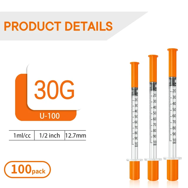 Alt view image 6 of 7 - U-100 1ml/cc 30 Gauge 1/2 Inch Syringe, Orange Cap, Smooth Plunger, 100/box