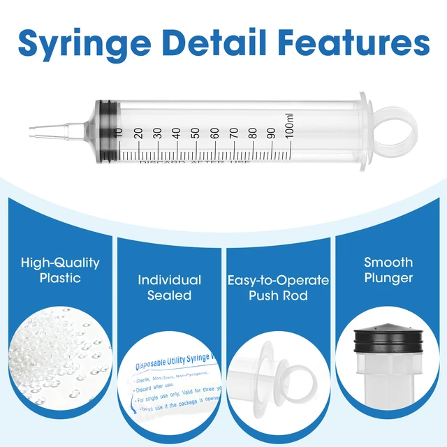 Alt view image 2 of 7 - 100mL Plastic Syringe for Liquid - 20 Pack Large Syringes with Adapter Individually Wrapped for Scientific Labs, Feeding, Oil Filling