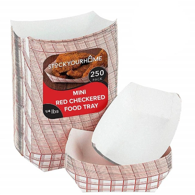 Main image of Mini Tiny Paper Food Boats (250 Pack).25 Lb Disposable Red & White Checkered Paper Food Trays, Eco Friendly Paper Food Trays, Serving Boats for Concession Food & Condiments, Condiment Size 3" x 1"