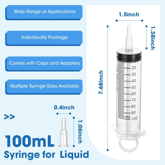 Alt view image 3 of 7 - 100mL Plastic Syringe for Liquid - 20 Pack Large Syringes with Adapter Individually Wrapped for Scientific Labs, Feeding, Oil Filling