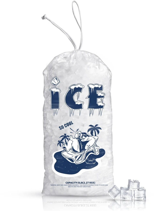 Main image of 50 Pack Ice Bags 5 lb, Heavy Duty, Drawstring, 2 Mils Thickness Reusable Ice Cube Storage Bags, Plastic, Portable, for Home and Commercial Ice Machines, Camping Trips, Party Preparation