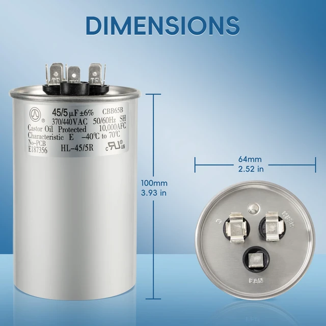 Alt view image 5 of 7 - AC Capacitor 45+5 uF 45/5 MFD ±6% 370V/440VAC CBB65 Dual Run Circular Start Capacitor for Heat Pump Air ConditionerTen Years of Coverage