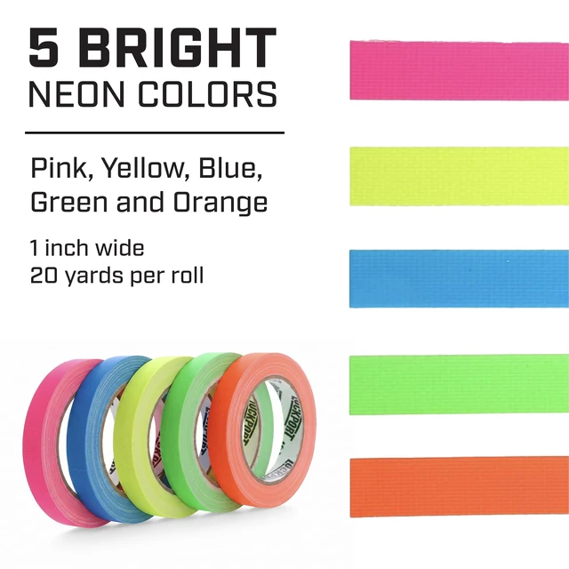 Alt view image 3 of 7 - Neon Spike Tape 5 Pack - 1 Inch x 20 Yards Colored Gaffer Tape Fluorescent Matte Gaff Tape, UV Blacklight Glow, Residue-Free, Water-Resistant, Easy Tear for Theater, Stage, Marking, School