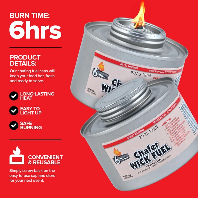 Alt view image 3 of 7 - 6-Hour Food Warmers for Parties (24 Pack), Chafing Fuel Cans with Wick and Safety Twist Cap, Catering Food Warmers for Buffets, Parties, Weddings, Long Lasting Burners for Food Warmer, Food Heater
