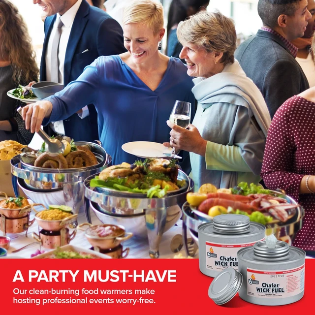 Alt view image 7 of 7 - 6-Hour Food Warmers for Parties (24 Pack), Chafing Fuel Cans with Wick and Safety Twist Cap, Catering Food Warmers for Buffets, Parties, Weddings, Long Lasting Burners for Food Warmer, Food Heater