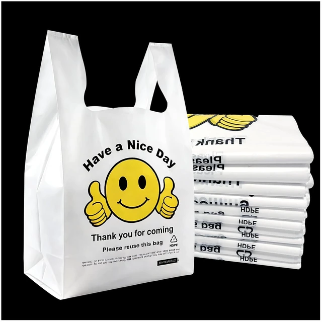 Main image of Thank You Plastic Bags with Handles 11.5 x 6.5 x 21, 0.55 Mil HDPE T-Shirt Grocery Bags, Smiley Thumbs Up Design, Semi-Transparent White, 300 Count, Plastic Shopping Bags for Small Business