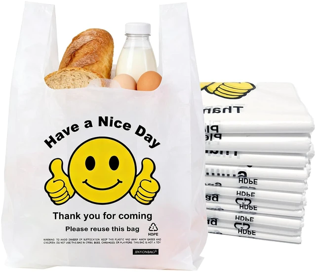 Alt view image 3 of 7 - Thank You Plastic Bags with Handles 11.5 x 6.5 x 21, 0.55 Mil HDPE T-Shirt Grocery Bags, Smiley Thumbs Up Design, Semi-Transparent White, 300 Count, Plastic Shopping Bags for Small Business