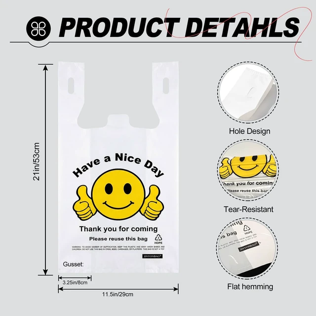 Alt view image 2 of 7 - Thank You Plastic Bags with Handles 11.5 x 6.5 x 21, 0.55 Mil HDPE T-Shirt Grocery Bags, Smiley Thumbs Up Design, Semi-Transparent White, 300 Count, Plastic Shopping Bags for Small Business