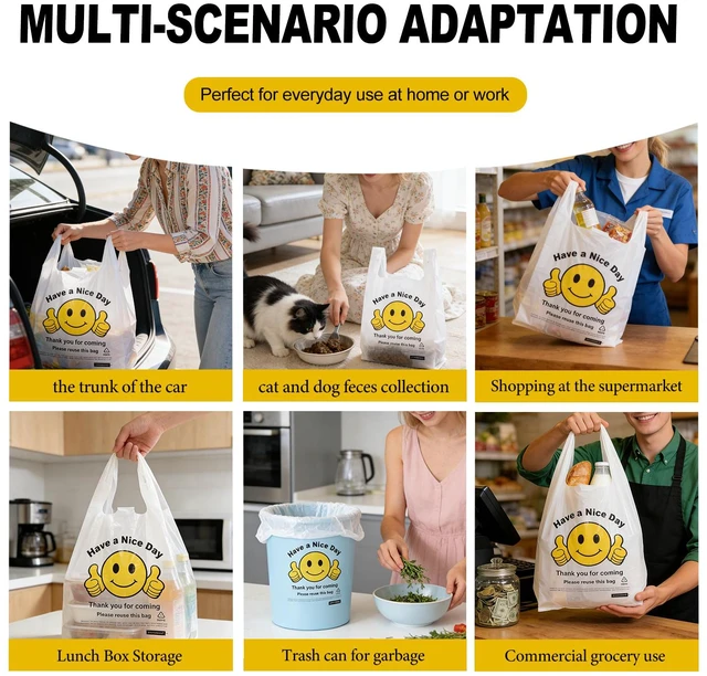 Alt view image 4 of 7 - Thank You Plastic Bags with Handles 11.5 x 6.5 x 21, 0.55 Mil HDPE T-Shirt Grocery Bags, Smiley Thumbs Up Design, Semi-Transparent White, 300 Count, Plastic Shopping Bags for Small Business