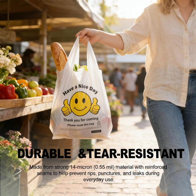 Alt view image 5 of 7 - Thank You Plastic Bags with Handles 11.5 x 6.5 x 21, 0.55 Mil HDPE T-Shirt Grocery Bags, Smiley Thumbs Up Design, Semi-Transparent White, 300 Count, Plastic Shopping Bags for Small Business