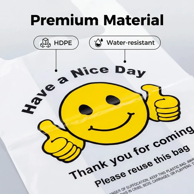 Alt view image 7 of 7 - Thank You Plastic Bags with Handles 11.5 x 6.5 x 21, 0.55 Mil HDPE T-Shirt Grocery Bags, Smiley Thumbs Up Design, Semi-Transparent White, 300 Count, Plastic Shopping Bags for Small Business