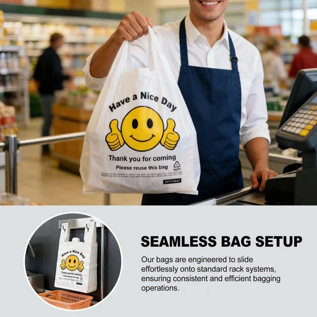 Alt view image 6 of 7 - Thank You Plastic Bags with Handles 11.5 x 6.5 x 21, 0.55 Mil HDPE T-Shirt Grocery Bags, Smiley Thumbs Up Design, Semi-Transparent White, 1050 Count, Plastic Shopping Bags for Small Business