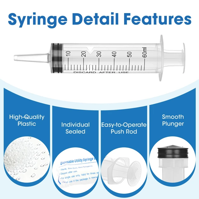 Alt view image 2 of 7 - 60mL Plastic Syringe for Liquid - 20 Pack Large Syringes with Adapter Individually Wrapped for Scientific Labs, Feeding, Oil Filling