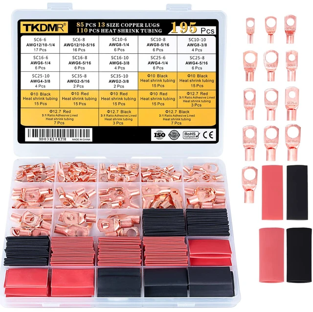 Main image of 195Pcs Copper Wire Lugs AWG2 4 6 8 10 12 with Heat Shrink Set, 85Pcs Battery Cable Lugs Battery Cable Ends Ring Terminals Connectors with 110Pcs Heat Shrink Tubing Assortment Kit