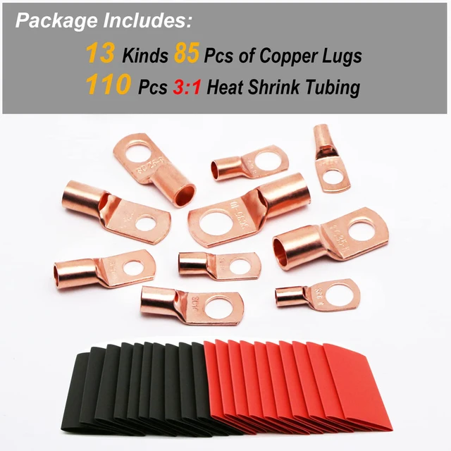 Alt view image 2 of 7 - 195Pcs Copper Wire Lugs AWG2 4 6 8 10 12 with Heat Shrink Set, 85Pcs Battery Cable Lugs Battery Cable Ends Ring Terminals Connectors with 110Pcs Heat Shrink Tubing Assortment Kit