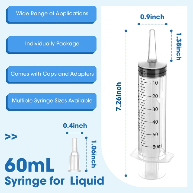 Alt view image 3 of 7 - 60mL Plastic Syringe for Liquid - 20 Pack Large Syringes with Adapter Individually Wrapped for Scientific Labs, Feeding, Oil Filling