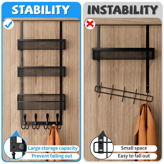 Alt view image 2 of 7 - Over The Door Hooks Organizer, Coat Rack Over The Door Storage Hanger Towel Rack, Back of Door Storage Organizer for Bathroom,Bedroom,Kitchen,Office (Black, 4-Tier)
