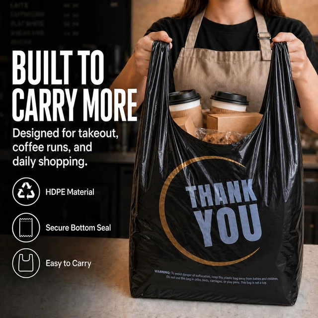 Alt view image 3 of 6 - 855 Pack Black T-Shirt Bags with Handles, 11.5"x6.25"x21" Durable HDPE Plastic Shopping & Carry-Out Bags for Grocery, Retail, Takeout & Small Business