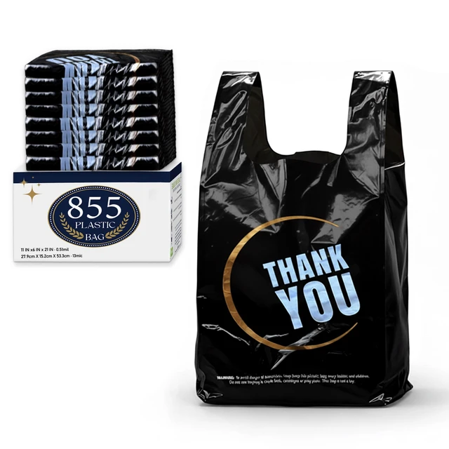 Main image of 855 Pack Black T-Shirt Bags with Handles, 11.5"x6.25"x21" Durable HDPE Plastic Shopping & Carry-Out Bags for Grocery, Retail, Takeout & Small Business