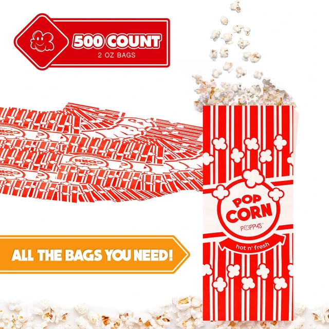 Alt view image 2 of 7 - Paper Popcorn Bags 500 2 oz Concession-Grade Bags, Popcorn Machine Accessories for Popcorn Bars, Movie Nights, Concessions