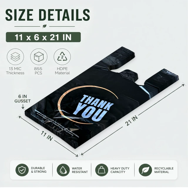 Alt view image 4 of 6 - 855 Pack Black T-Shirt Bags with Handles, 11.5"x6.25"x21" Durable HDPE Plastic Shopping & Carry-Out Bags for Grocery, Retail, Takeout & Small Business
