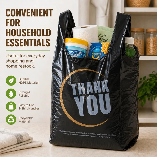 Alt view image 5 of 6 - 855 Pack Black T-Shirt Bags with Handles, 11.5"x6.25"x21" Durable HDPE Plastic Shopping & Carry-Out Bags for Grocery, Retail, Takeout & Small Business