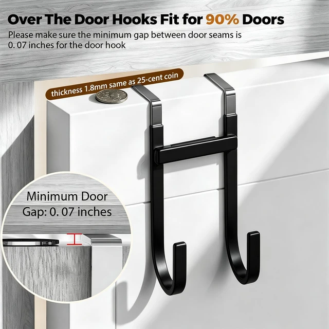 Alt view image 3 of 7 - Over-the-Door Hooks, 4 Pack Heavy Duty Anti-Scratch Rubber Door Hangers for Hanging Coat, Towel, Bag and Key, Fit 1-3/8" Interior Doors, Perfect for Bathroom Bedroom and Kitchen, Black