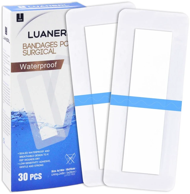 Main image of 30 Pack 4"x10" Waterproof Adhesive Island Dressing for Post-Surgery Recovery | Sterile Bordered Gauze Bandages with Non-Stick Pad for Knee/Hip Replacement, Surgical Incision Care & Shower Protection