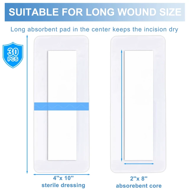 Alt view image 5 of 7 - 30 Pack 4"x10" Waterproof Adhesive Island Dressing for Post-Surgery Recovery | Sterile Bordered Gauze Bandages with Non-Stick Pad for Knee/Hip Replacement, Surgical Incision Care & Shower Protection