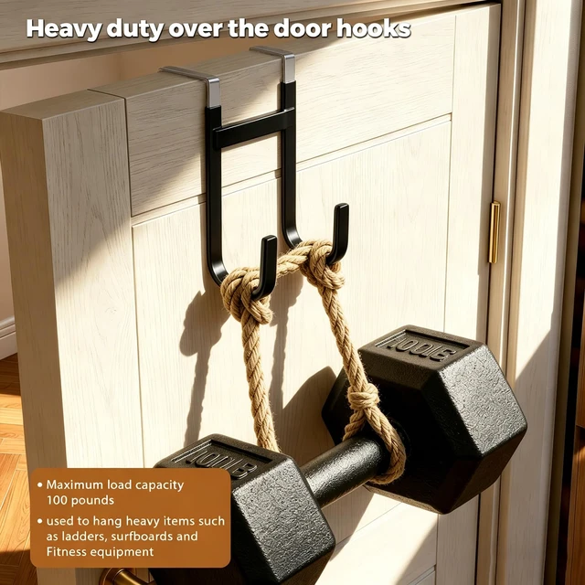 Alt view image 4 of 7 - Over-the-Door Hooks, 4 Pack Heavy Duty Anti-Scratch Rubber Door Hangers for Hanging Coat, Towel, Bag and Key, Fit 1-3/8" Interior Doors, Perfect for Bathroom Bedroom and Kitchen, Black
