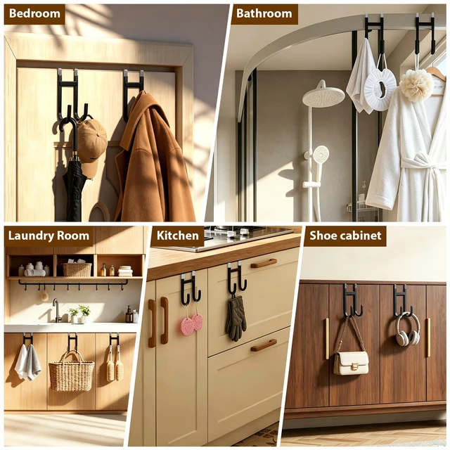 Alt view image 5 of 7 - Over-the-Door Hooks, 4 Pack Heavy Duty Anti-Scratch Rubber Door Hangers for Hanging Coat, Towel, Bag and Key, Fit 1-3/8" Interior Doors, Perfect for Bathroom Bedroom and Kitchen, Black