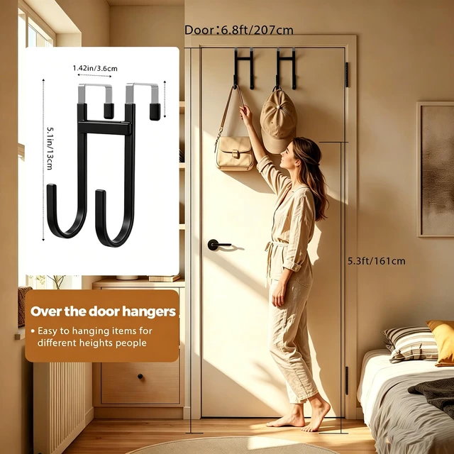 Alt view image 6 of 7 - Over-the-Door Hooks, 4 Pack Heavy Duty Anti-Scratch Rubber Door Hangers for Hanging Coat, Towel, Bag and Key, Fit 1-3/8" Interior Doors, Perfect for Bathroom Bedroom and Kitchen, Black