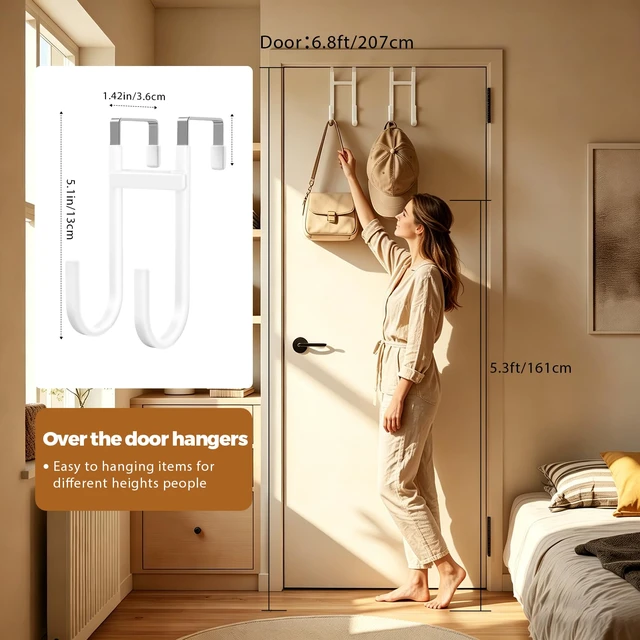 Alt view image 6 of 7 - Over-the-Door Hooks, 4 Pack Heavy Duty Anti-Scratch Rubber Door Hangers for Hanging Coat, Towel, Bag and Key, Fit 1-3/8" Interior Doors, Perfect for Bathroom Bedroom and Kitchen, White